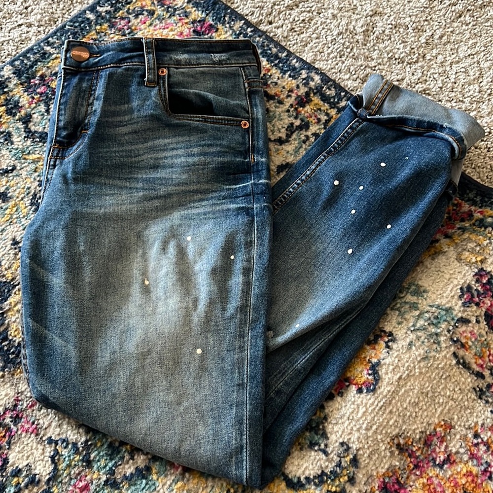 Boyfriend blue ripped jeans, paint splatter effect, size 5